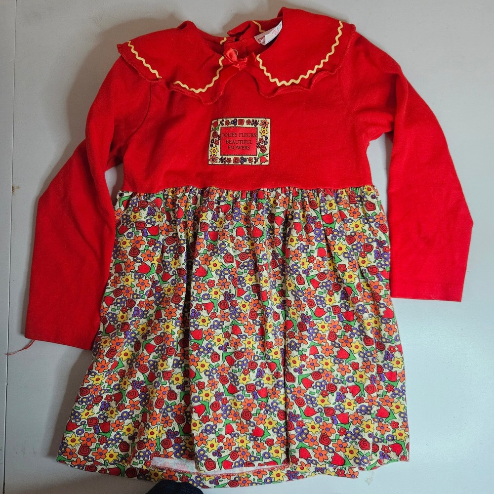 Vintage Buster Brown Girls 4T Red Floral Ric Rac Peter Pan Collar Dress USA Made